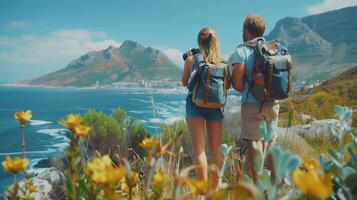 AI generated Couple of travelers with backpacks standing on top of a mountain and looking at the sea photo
