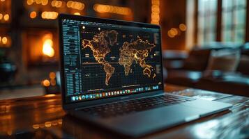 AI generated Laptop with the world map on the screen. Business concept. photo