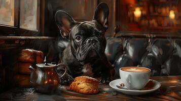 AI generated French bulldog with a cup of coffee and cookies in a cafe photo