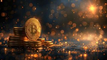 AI generated Golden bitcoin on a dark background with bokeh. Cryptocurrency concept. photo