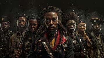 AI generated Portrait of a group of african american steampunk soldiers. Black History Month concept. photo