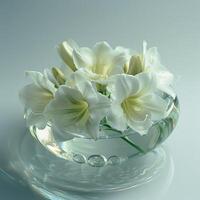 AI generated White freesia flowers in a glass bowl with water ripples photo