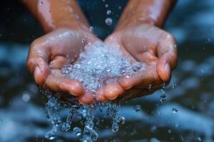 AI generated Water splashing from female hands, closeup of hands holding water photo