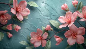 AI generated 3d illustration of cherry blossoms on blue textured background. photo