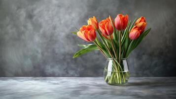 AI generated Bouquet of tulips in a glass vase on a gray background. photo