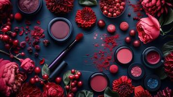 ai generado productos cosméticos y flores en oscuro azul antecedentes. plano poner, parte superior ver foto