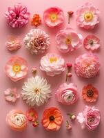 AI generated Flowers composition. Frame made of pink ranunculus flowers on pink background. Flat lay, top view photo