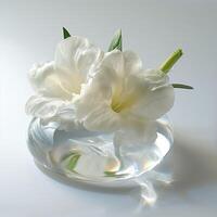 AI generated White lilies in a glass vase. 3D rendering. photo