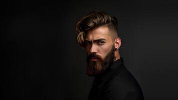 ai generado retrato de un brutal hermoso joven hombre con un barba en un negro antecedentes foto