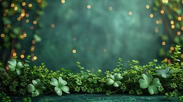 AI generated St. Patrick's Day background with clover leaves and bokeh lights, copy space for text photo