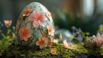 AI generated Easter egg with flowers on green moss background. 3d illustration photo