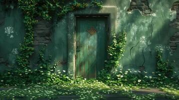 AI generated Green door with ivy and flowers. 3d render illustration. St. Patrick's Day photo
