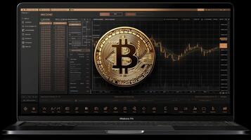 AI generated Bitcoin on the background of the monitor of the laptop. Vector illustration photo