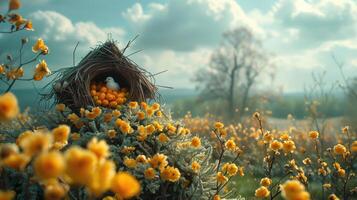 AI generated Easter eggs in nest with yellow daffodils in spring meadow photo