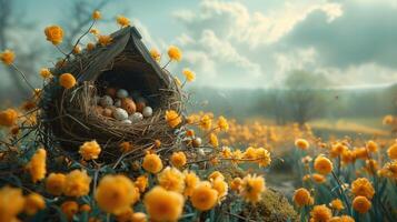AI generated Easter eggs in nest with yellow daffodils in spring meadow photo