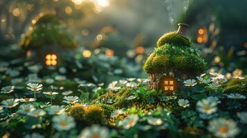 AI generated Miniature St. Patrick's Day garden with chamomile flowers, shamrock and lantern in the evening photo