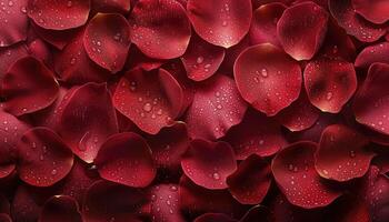 AI generated Red rose petals with water drops. Valentine's day background. Perfect for banners and wallpapers. photo