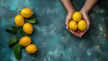 ai generado hembra manos sostener limones en un verde antecedentes. parte superior vista. parte superior ver con Copiar espacio, fondo de pantalla, modelo foto