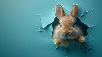 ai generado Conejo echar un vistazo fuera de agujero en azul pared. Pascua de Resurrección concepto foto