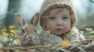 ai generado linda pequeño niña con un Pascua de Resurrección conejito en el primavera jardín. selectivo enfocar. foto