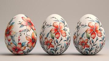 AI generated Three easter eggs with floral ornament on gray background. 3D illustration photo