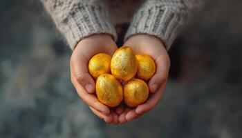 AI generated Hands holding golden easter eggs on dark background, top view photo