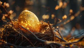 AI generated Golden Easter egg in a nest on a dark background with bokeh photo