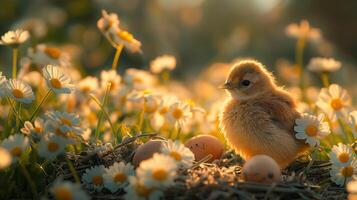 ai generado linda pequeño pollo en el prado con Pascua de Resurrección huevos foto