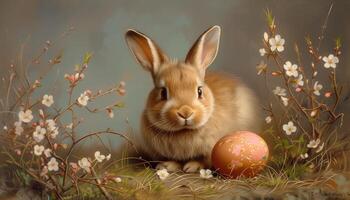 AI generated Cute Easter bunny with easter egg on a background of spring flowers photo