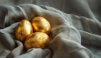 ai generado dorado Pascua de Resurrección huevos en un blanco lino antecedentes. selectivo enfocar. Copiar espacio foto