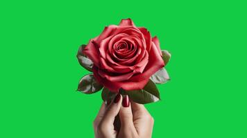 AI generated woman hand giving a beautiful red rose, green screen background video