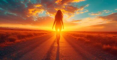 AI generated Running girl at sunset, sports jogging, healthy lifestyle - AI generated image photo