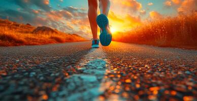 AI generated Running girl at sunset, sports jogging, healthy lifestyle - AI generated image photo