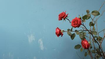 ai generado rojo rosas en contra un azul pared foto