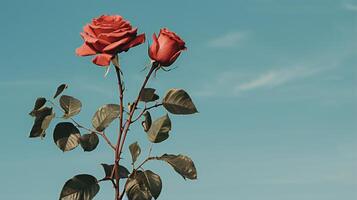 ai generado rojo rosas en contra un azul pared foto