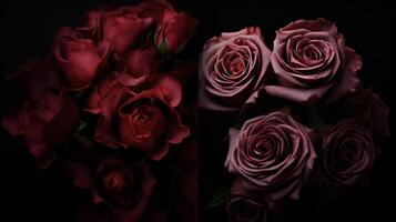 ai generado dos diferente imágenes de rosas en un negro antecedentes foto