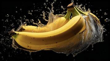 ai generado bananas son siendo salpicado con agua en un negro antecedentes foto