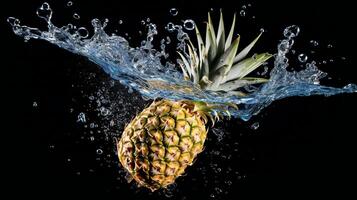 AI generated a pineapple is splashing water on a black background photo