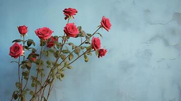 ai generado rojo rosas en contra un azul pared foto