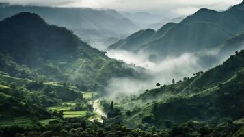 ai generado el montañas son cubierto en verde vegetación y niebla foto