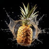 AI generated a pineapple is splashing water on a black background photo