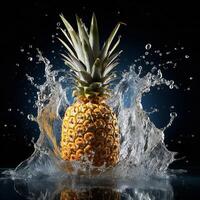 AI generated a pineapple is splashing water on a black background photo