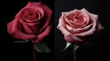 ai generado dos rosas son mostrado en diferente posiciones foto
