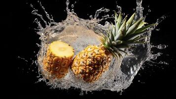 AI generated a pineapple is splashing water on a black background photo