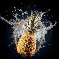 AI generated a pineapple is splashing water on a black background photo
