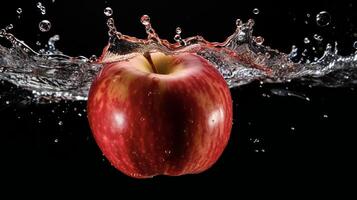 ai generado un manzana es salpicaduras en agua foto