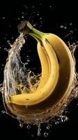 AI generated bananas are being splashed with water on a black background photo