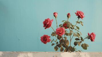 ai generado rojo rosas en contra un azul pared foto