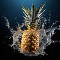 AI generated a pineapple is splashing water on a black background photo