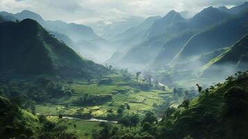 AI generated the mountains are covered in green vegetation and fog photo